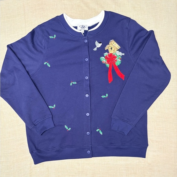Sweaters - C&K Vintage Holiday Cardigan Sweater L – Birdhouse & Holly Embroidery